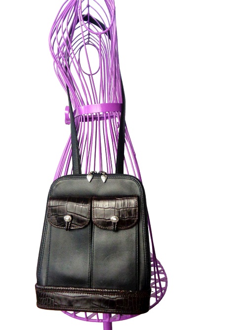 One World By Brighton: Black Leather Brown Croco Shoulder Bag | My Bag Club