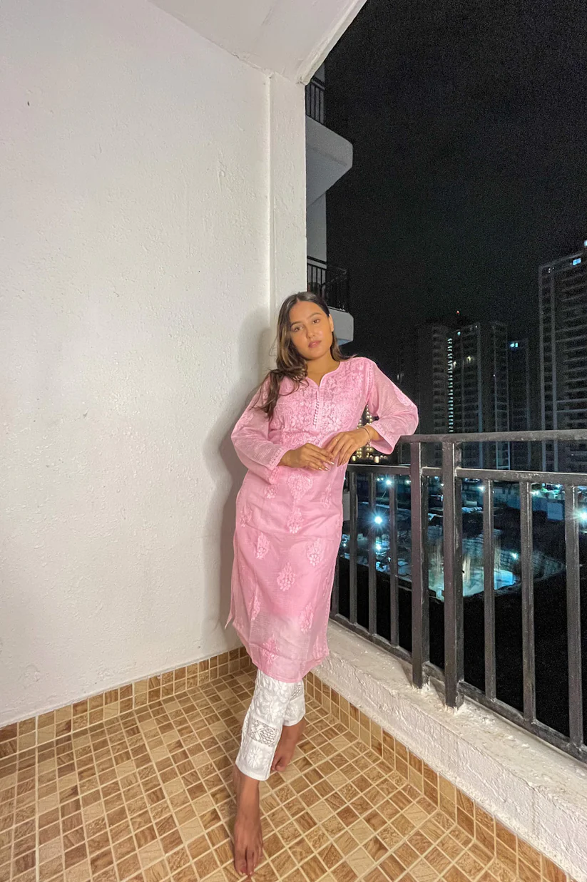 Tamanna Kota Chikankari Straight Kurta(Peach)