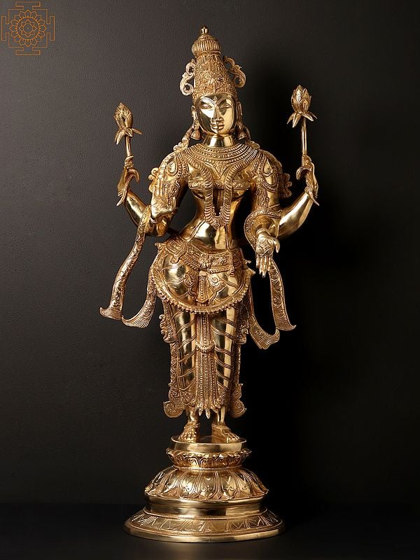 38" Large Fine Standing Goddess Lakshmi Statue In Brass